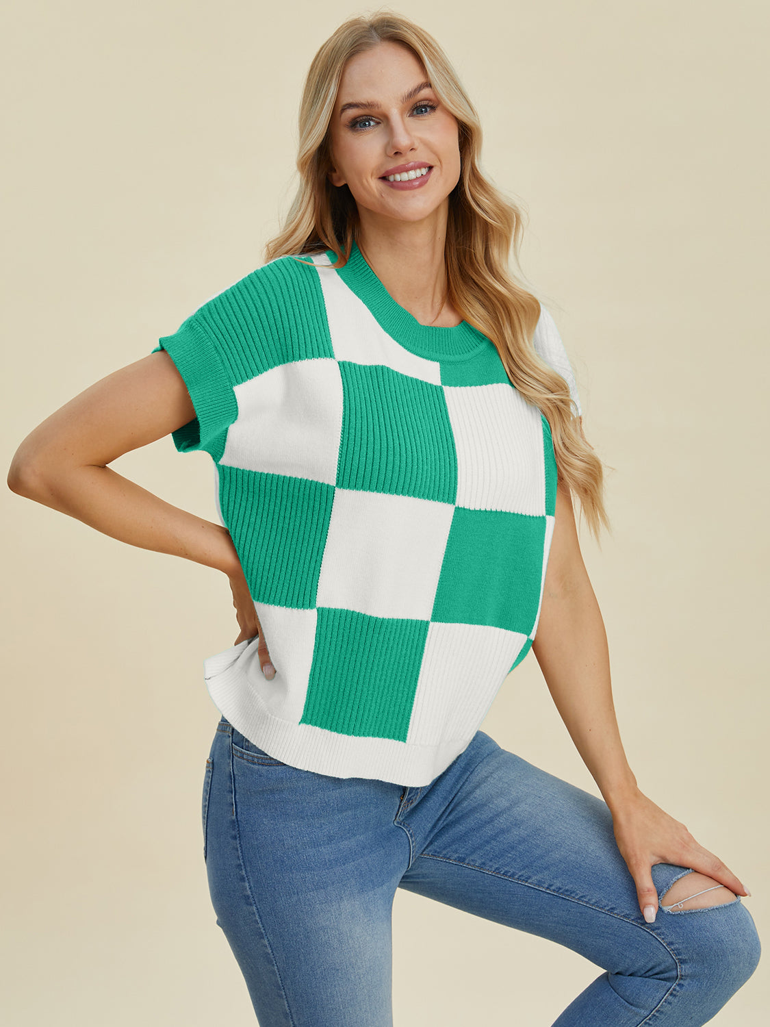 Full Size Chickened Round Neck Short Sleeve Sweater