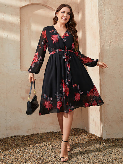 Honey Plus Size Floral Surplice Neck Tie Waist Dress