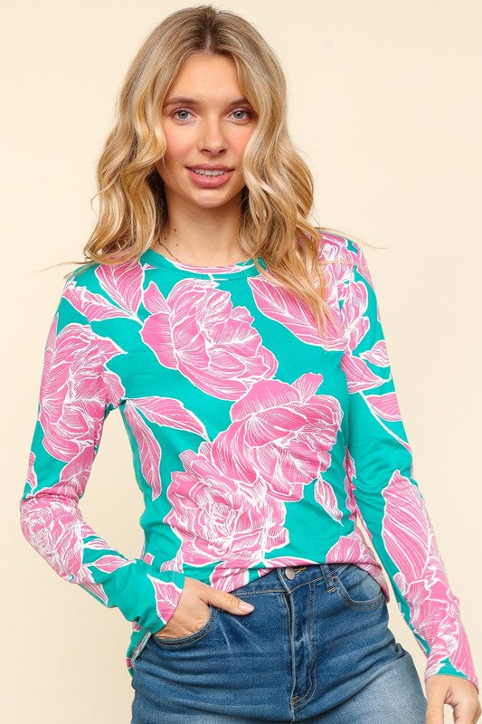 Haptics Full Size Floral Round Neck Long Sleeve T-Shirt