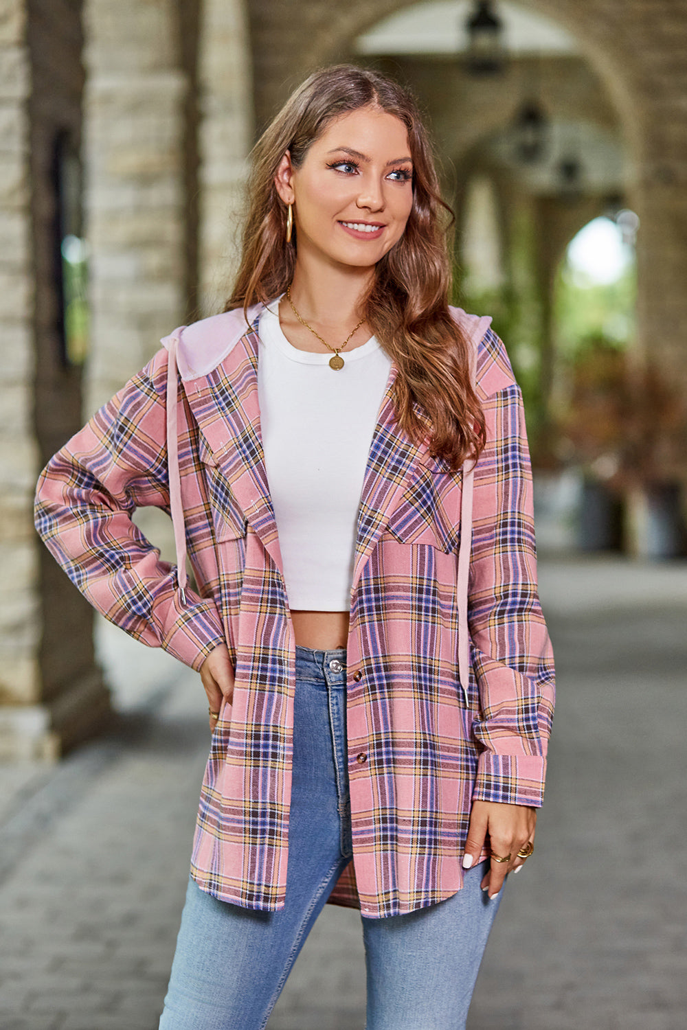 Mandy Plaid Long Sleeve Hooded Jacket