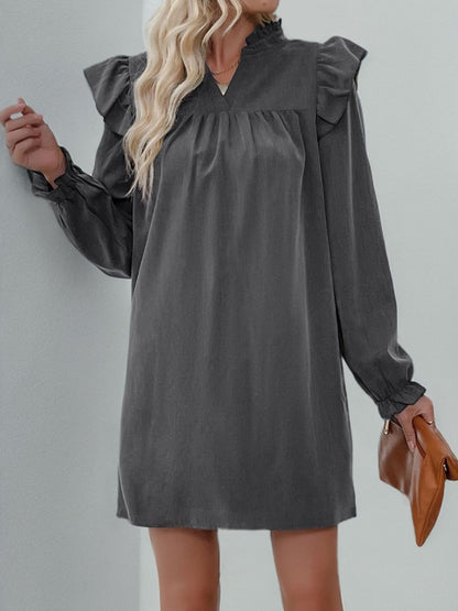 Perfee Ruffled Notched Long Sleeve Mini Dress