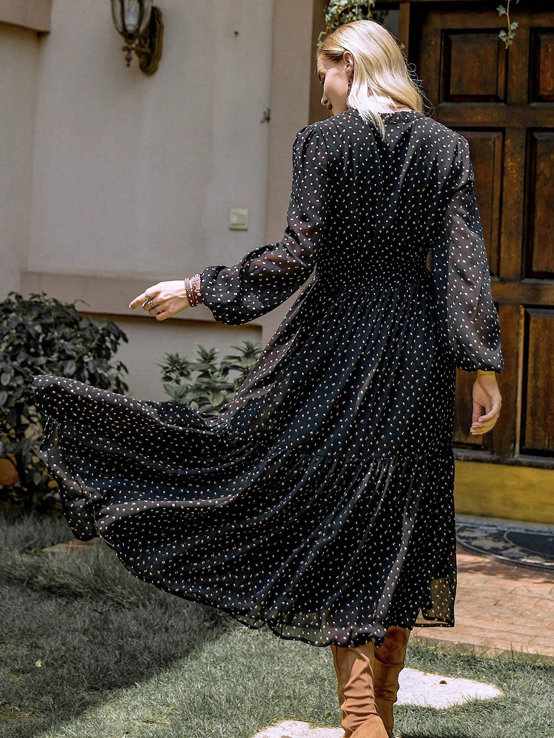 Embroidered Polka Dot Tie Neck Long Sleeve Midi Dress