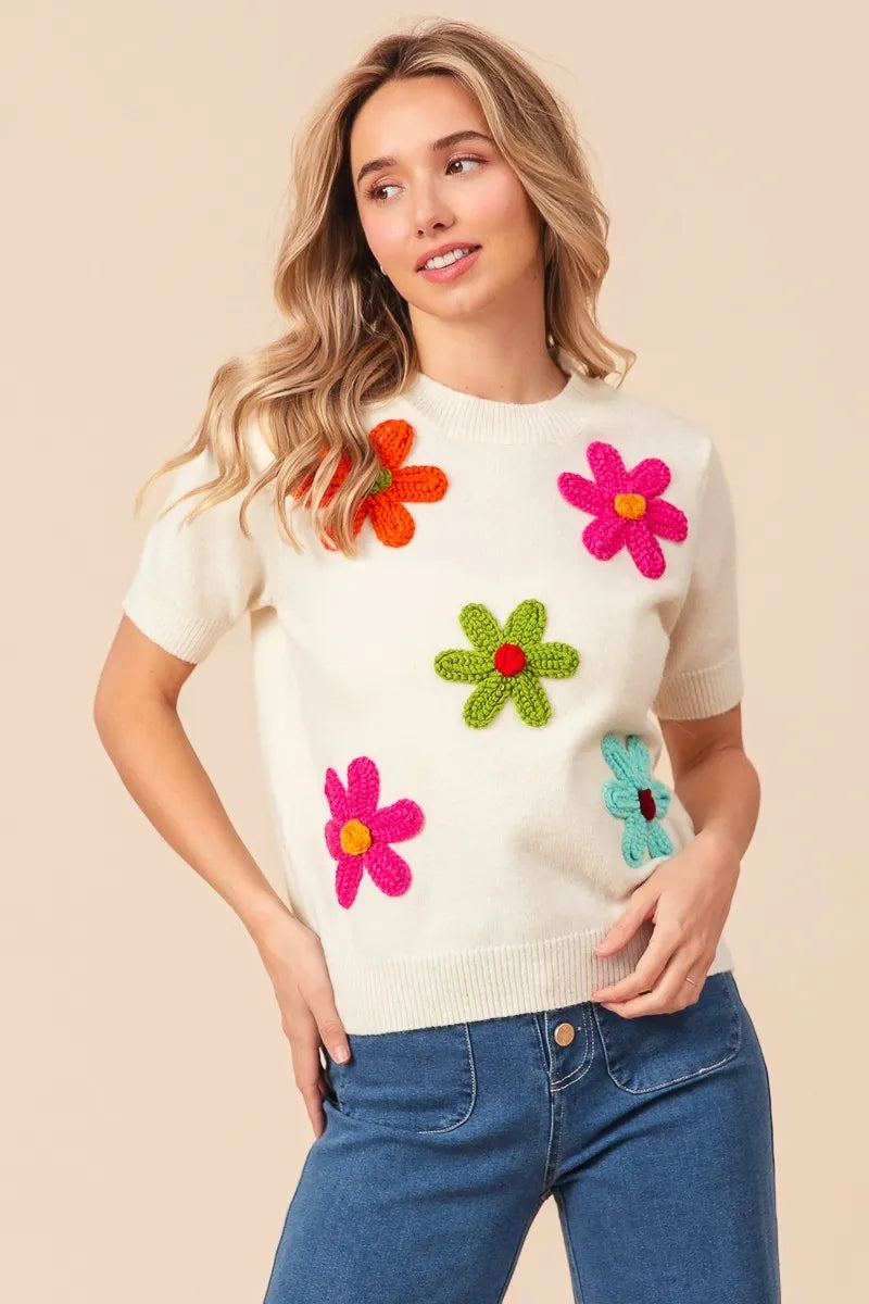 Crochet Flower Patch Sweater Top
