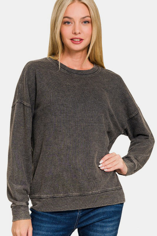 Zenana Washed Round Neck Dropped Shoulder Sweatshirt Black / S