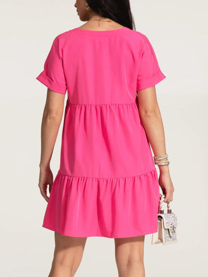 IZURIA V-Neck Short Sleeve Ruffle Hem Dress