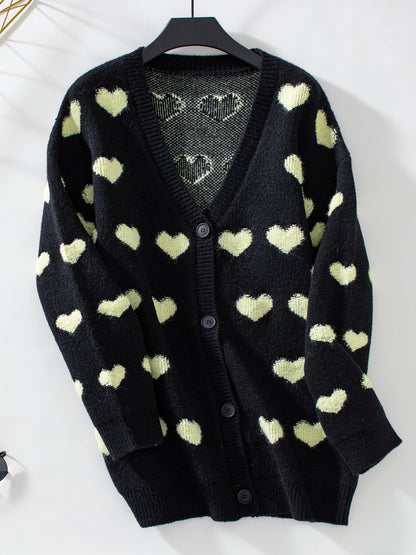 Heart V-Neck Button Up Long Sleeve Cardigan