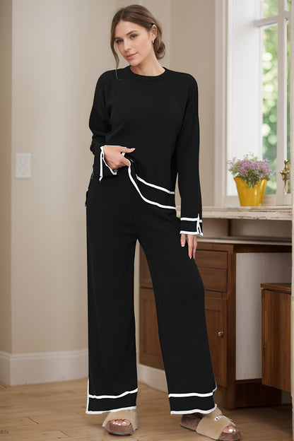 High-Low Round Neck Top and Pants Sweater Set