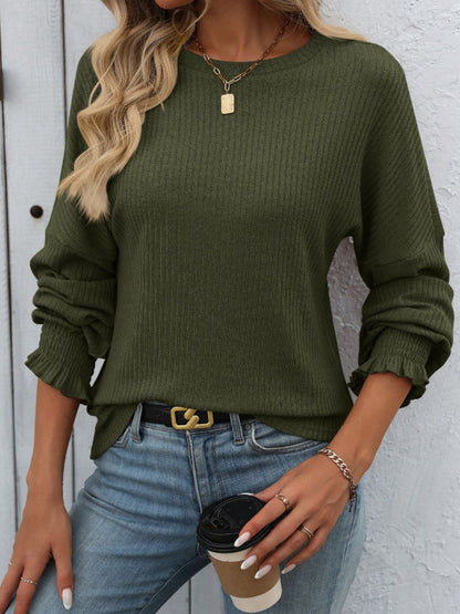 Mandy Ribbed Round Neck Long Sleeve T-Shirt