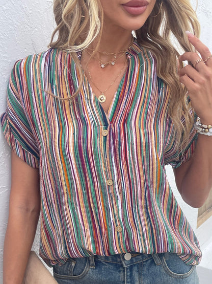 Shiny Striped Notched Short Sleeve Blouse