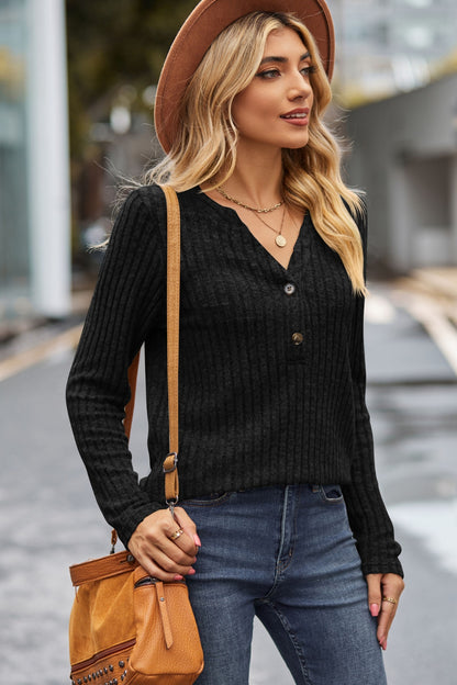 Lovelet Ribbed Half Button Long Sleeve Knit Top