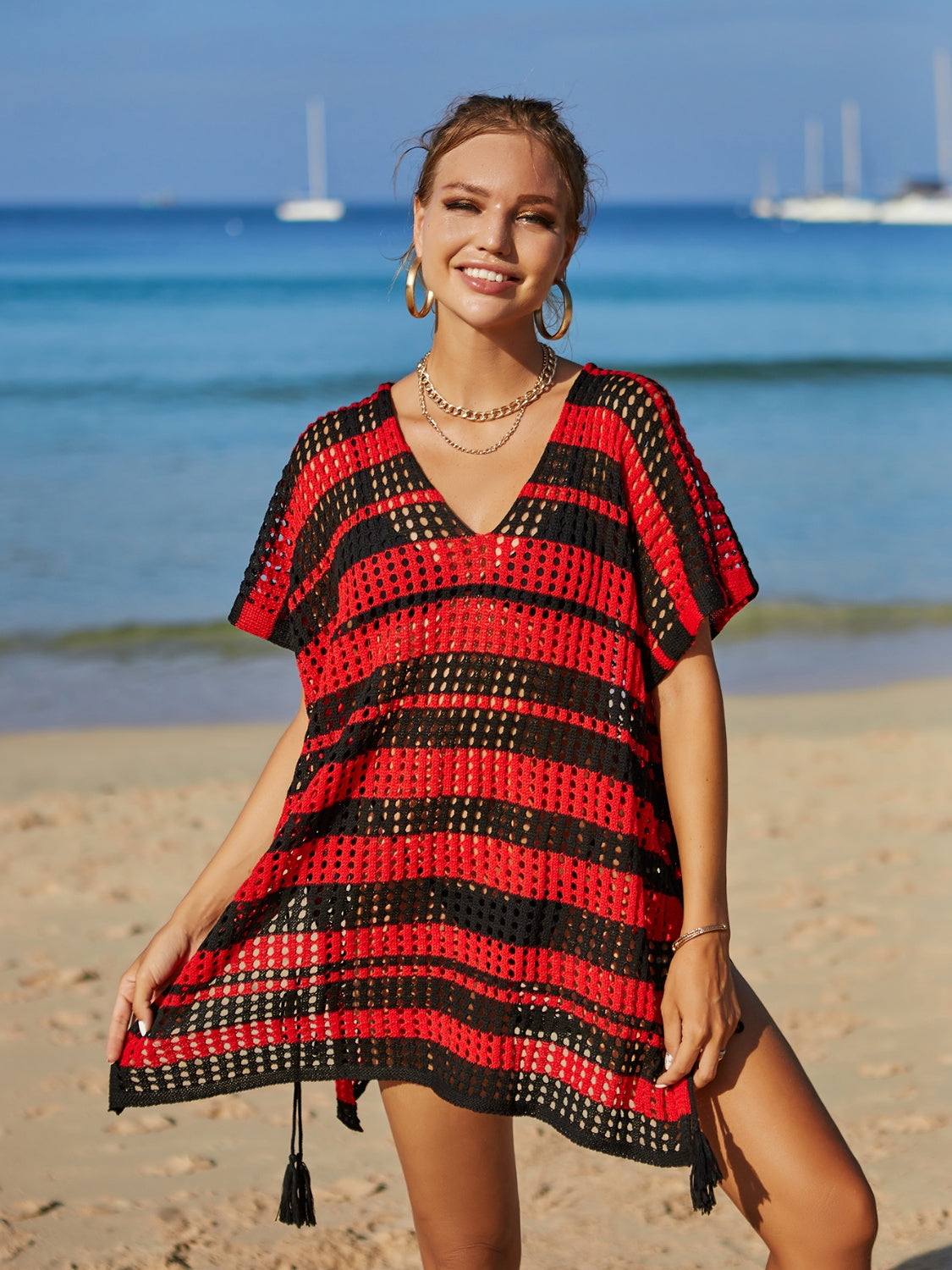 Angel Wings Tassel Openwork Striped V-Neck Cover Up