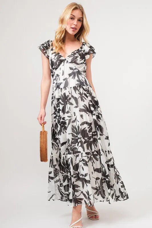 Ruffled Sleeve Tiered Floral Print Maxi Dress
