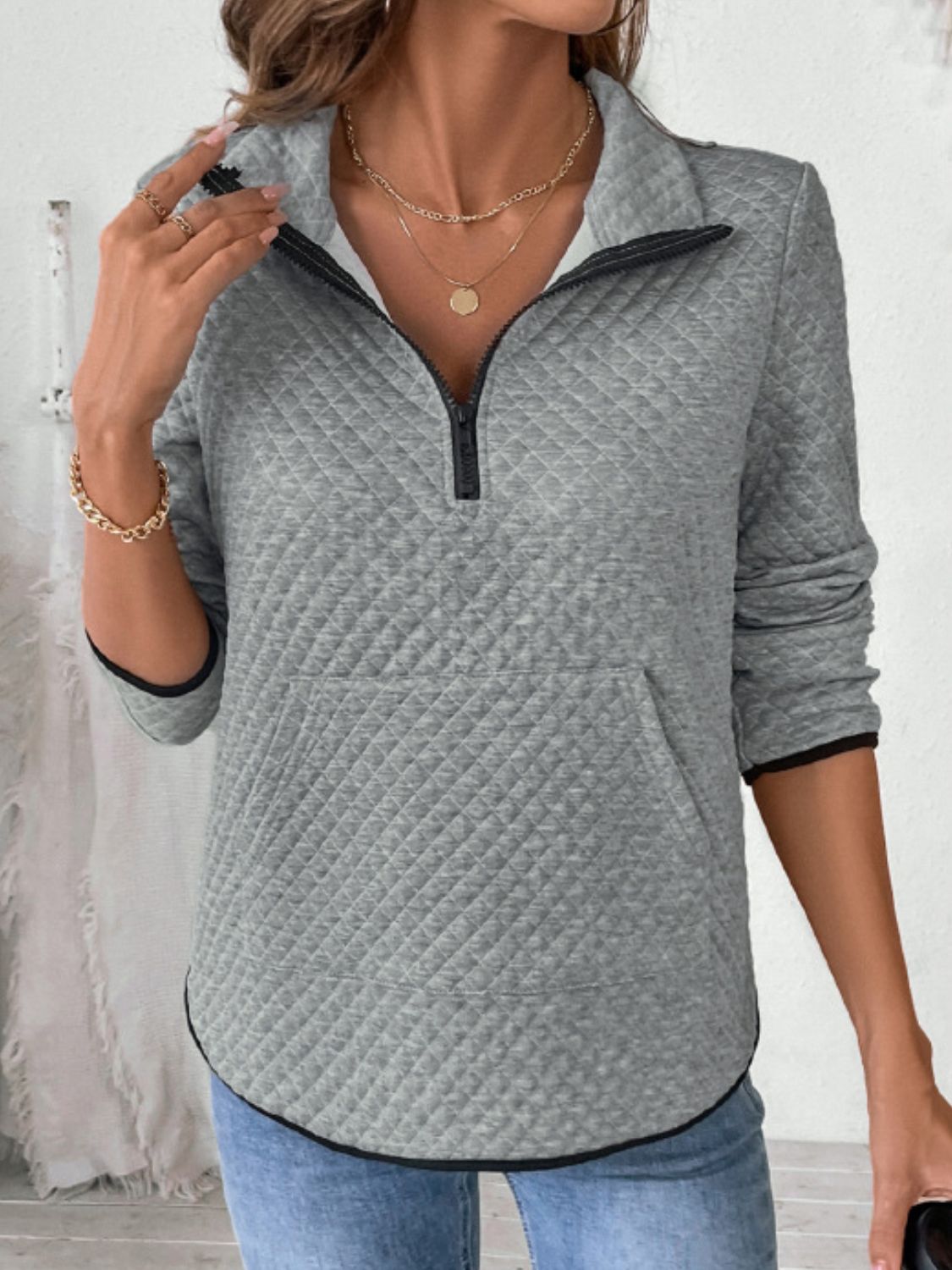 Perfee Texture Half Zip Long Sleeve Sweatshirt