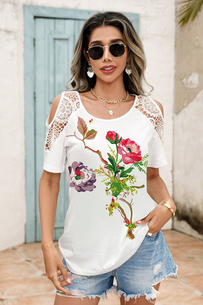 Shiny Lace Detail Round Neck Cold Shoulder Blouse