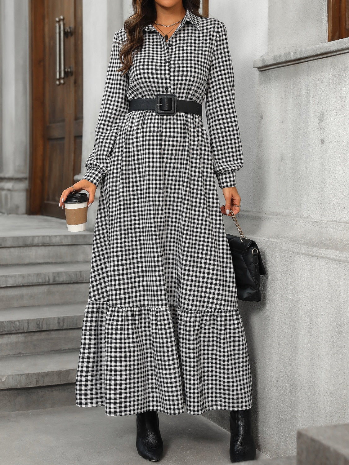 Honey Ruffle Hem Plaid Long Sleeve Dress