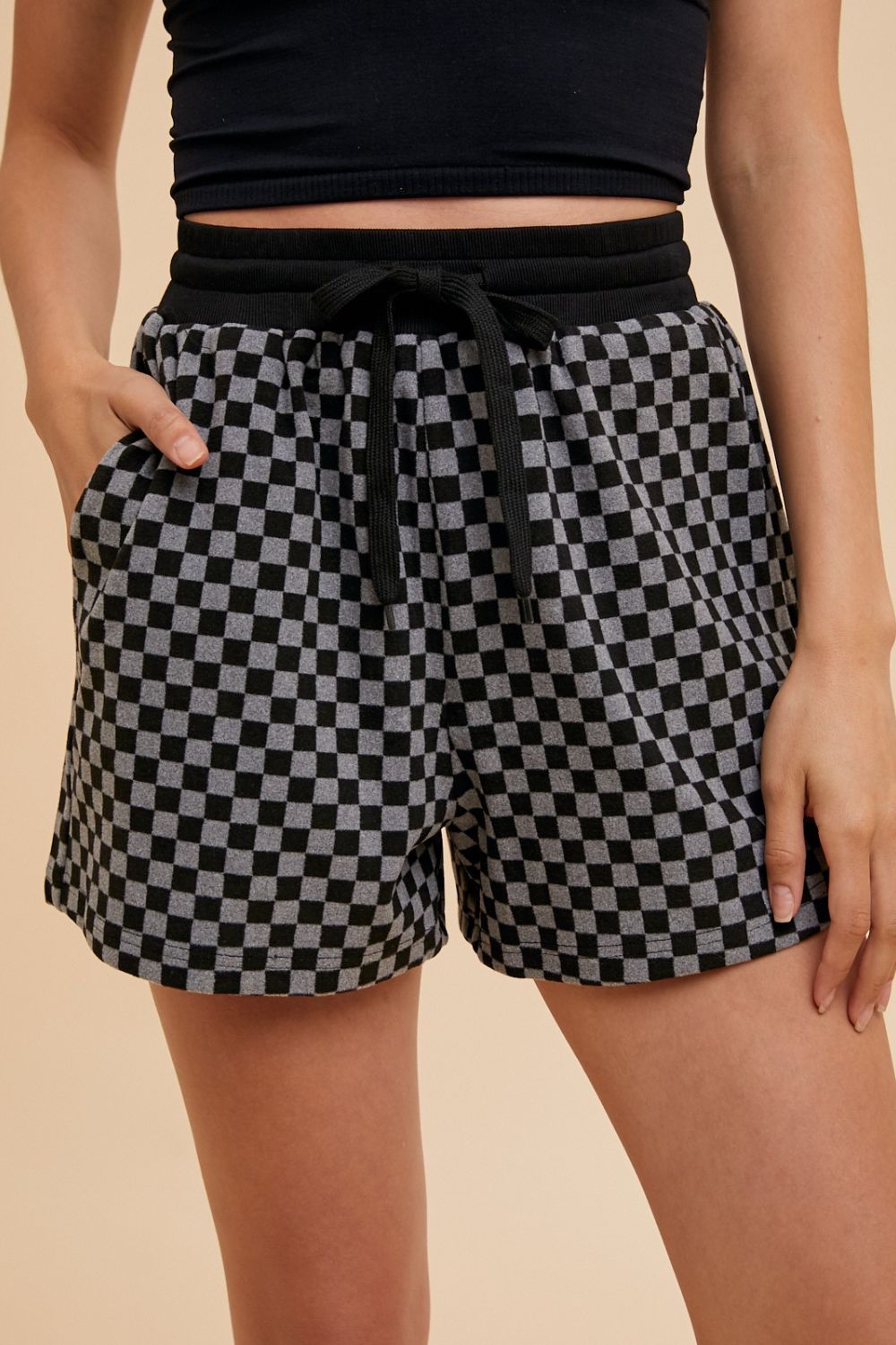 Chickened Round Neck Top and Drawstring Shorts Set