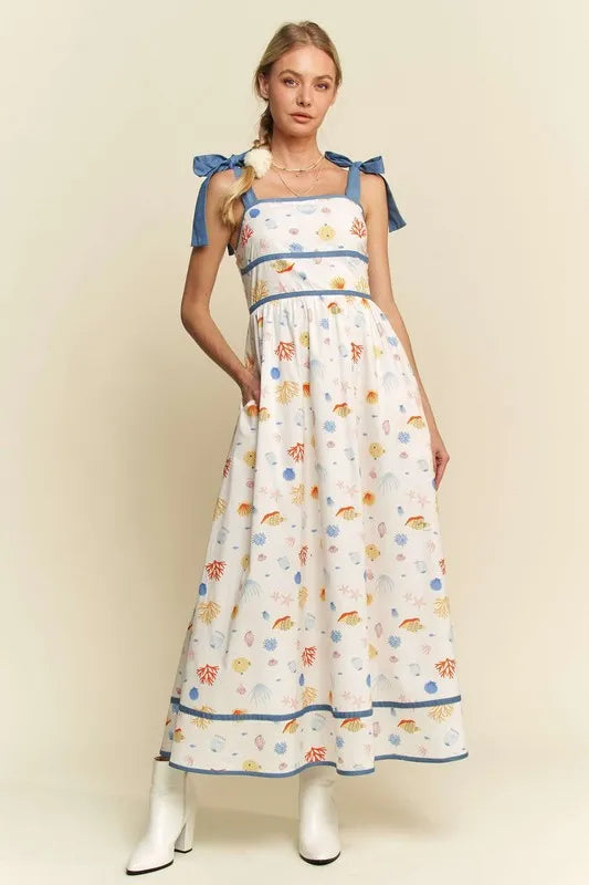 Denim Binding Detail Smocking Summer Maxi Dress