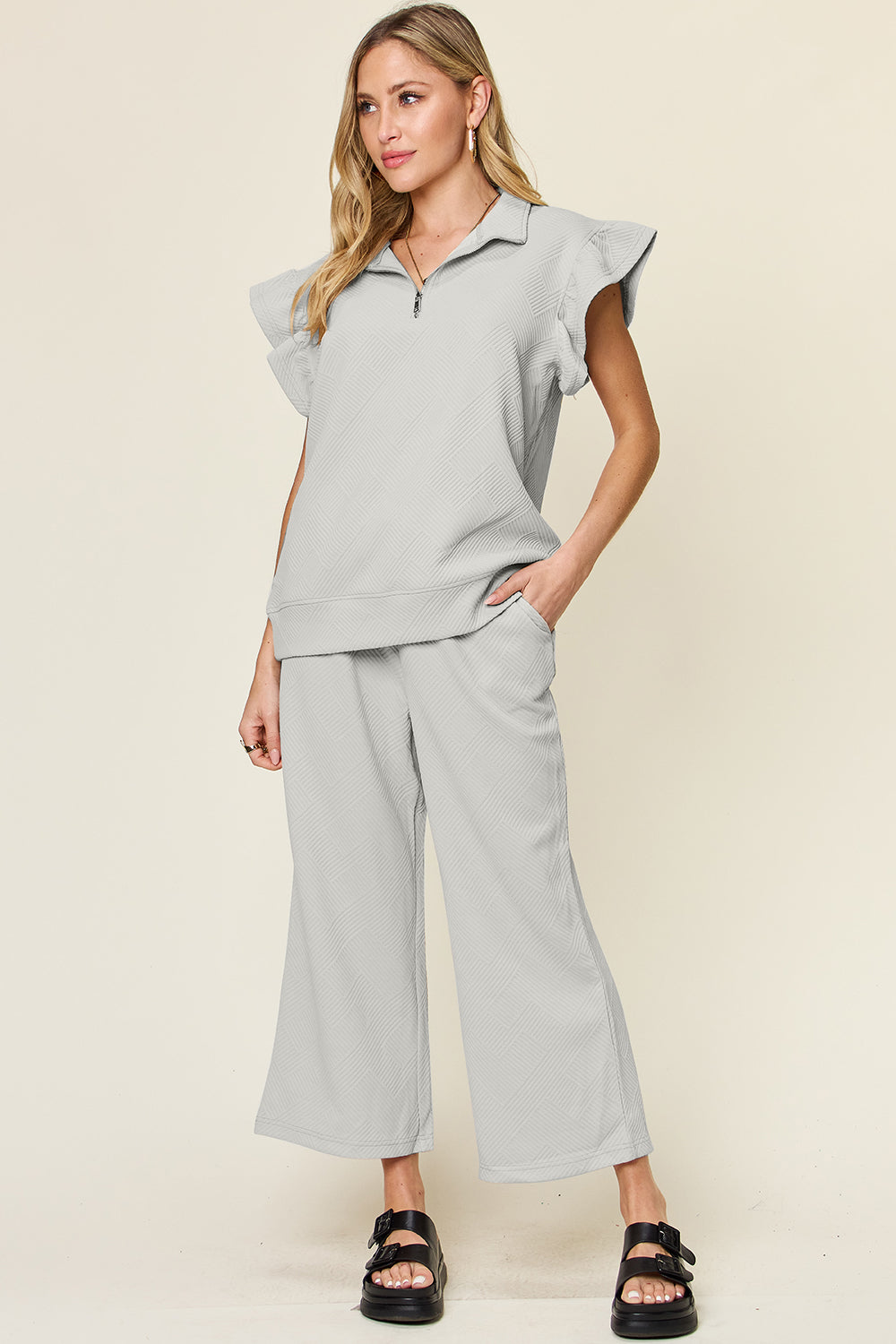 Short Sleeve Top and Drawstring Wide Leg Pants Set