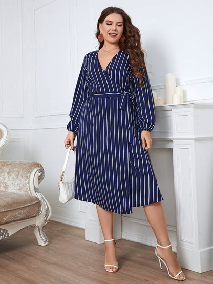 Honey Melo Apparel Plus Size Striped Surplice Neck Long Sleeve Dress