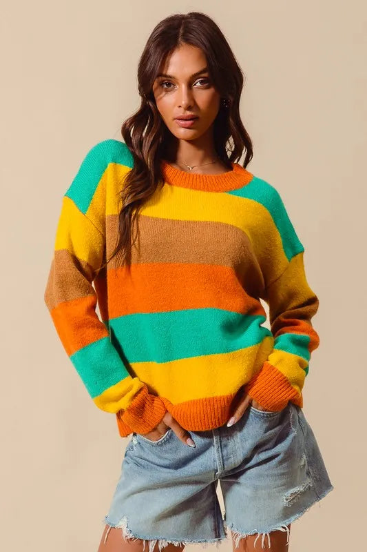 Multi Color Stripe Sweater with Ribbed Detail