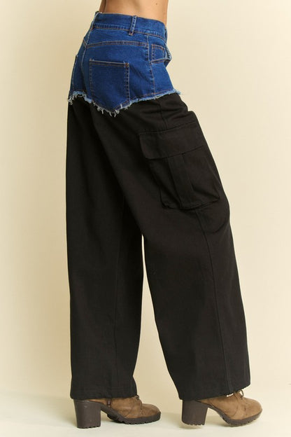 Davi & Dani Denim Patchwork Wide Leg Pants with Cargo Pockets