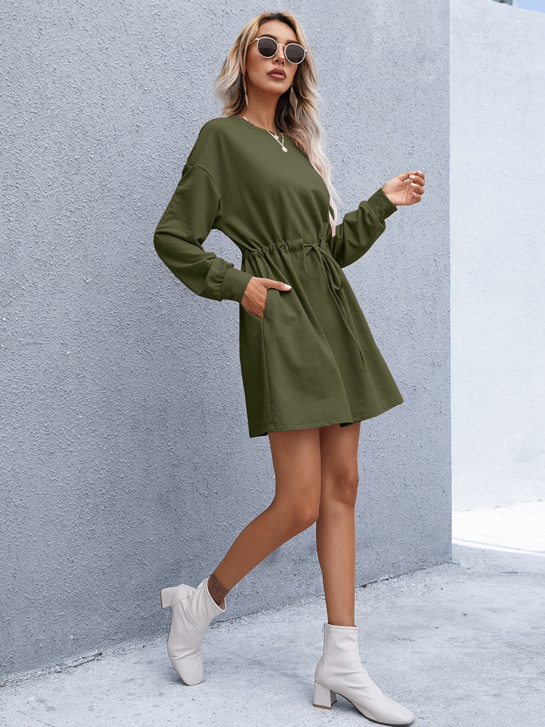 Ivy Lane Drawstring Round Neck Dropped Shoulder Mini Dress