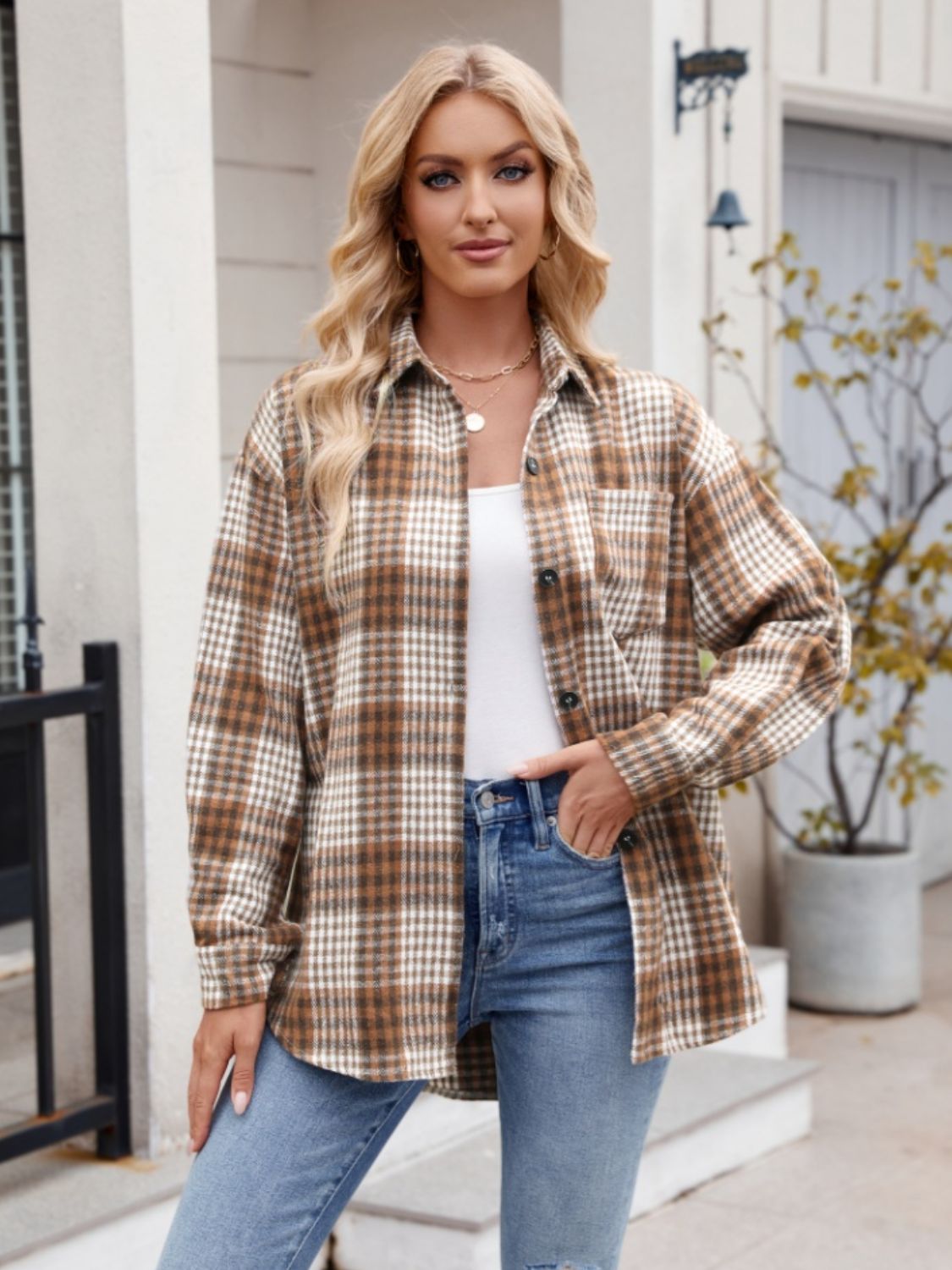 Mandy Pocketed Plaid Collared Neck Long Sleeve Shirt