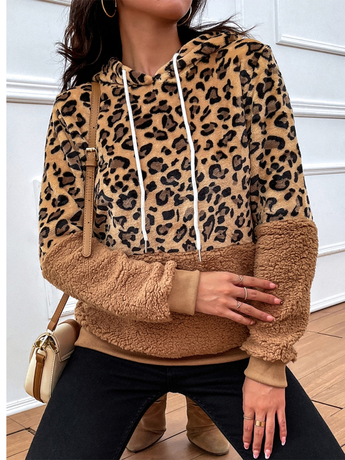 Shiny Leopard Drawstring Long Sleeve Hoodie