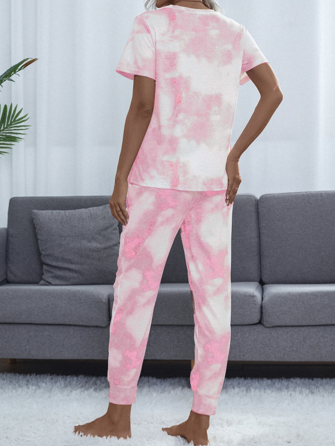 Shiny Tie-Dye Round Neck Short Sleeve Top and Pants