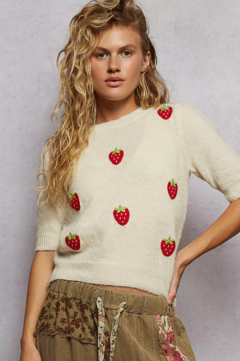 Round Neck Strawberry Patch Sweater with Shirring Shoulder