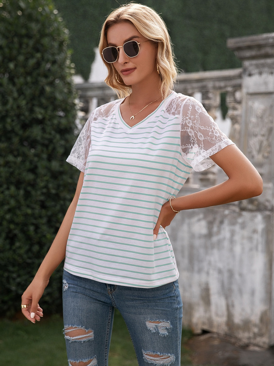 Ivy Lane Lace Detail Striped V-Neck T-Shirt