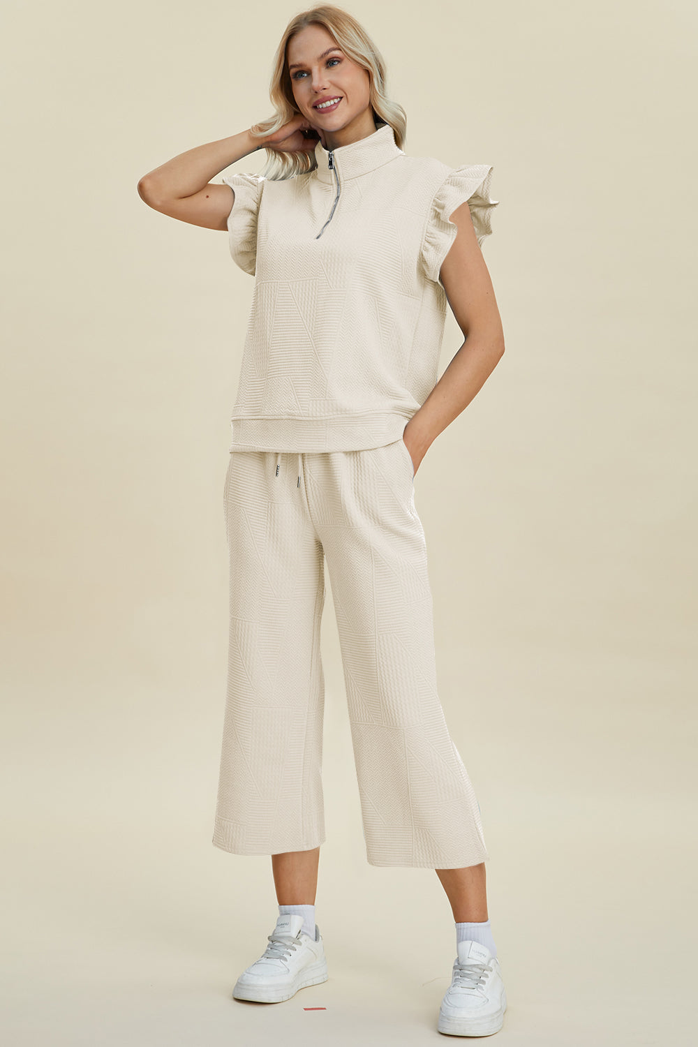 Full Size Texture Ruffle Short Sleeve Top and Wide Leg Pants Set