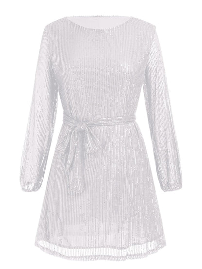 Sequin Tie Waist Long Sleeve Mini Dress