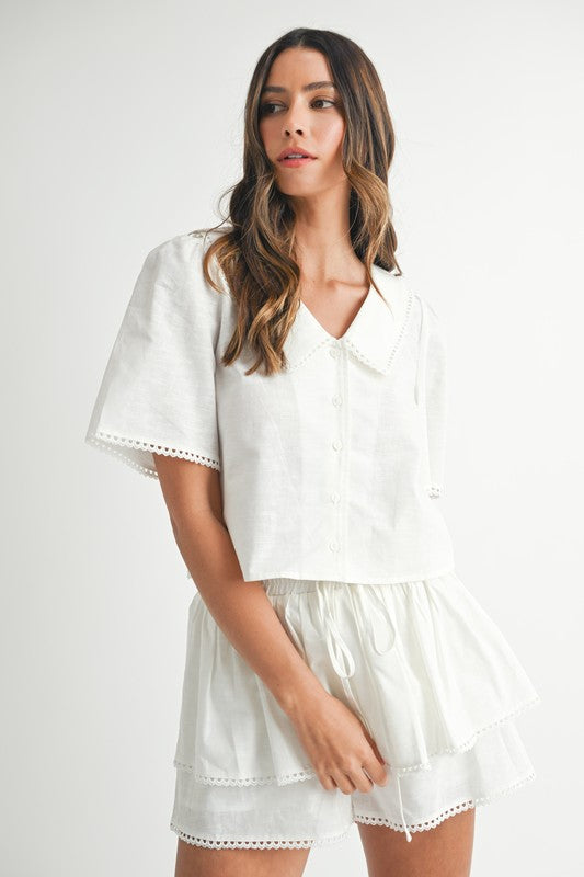 MABLE Collared Button Down Crop Top and Skort Set