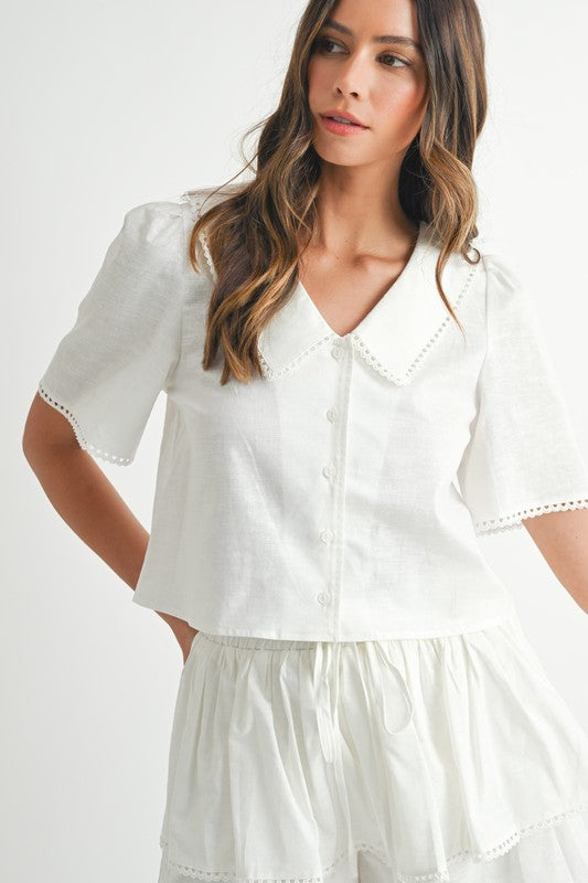 MABLE Collared Button Down Crop Top and Skort Set