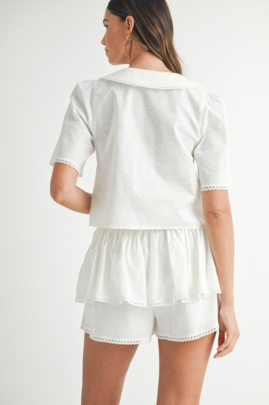MABLE Collared Button Down Crop Top and Skort Set
