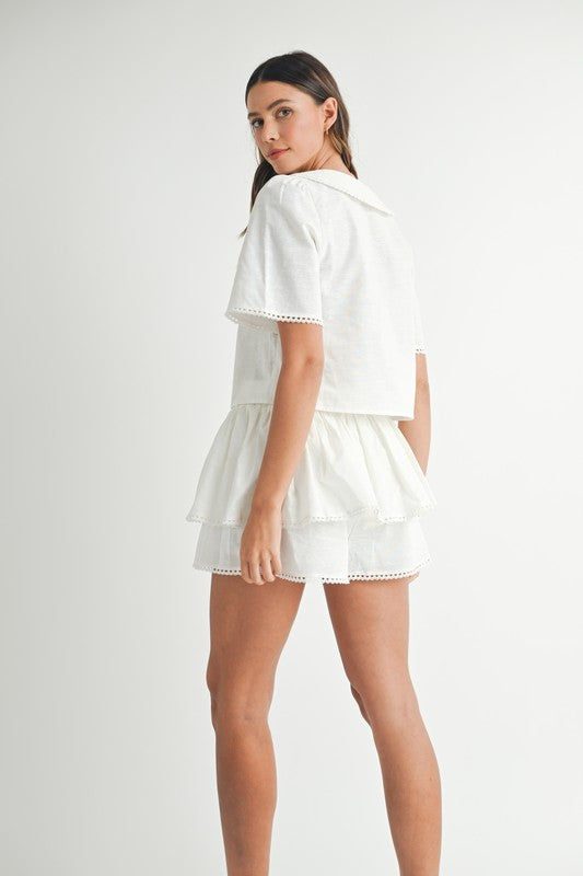 MABLE Collared Button Down Crop Top and Skort Set