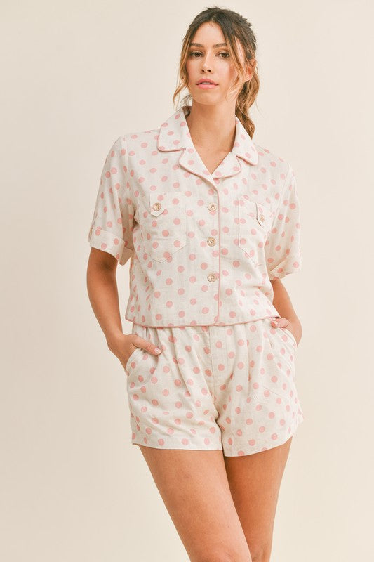 MABLE Polka Dot Collar Crop Top and Short Lounge Set