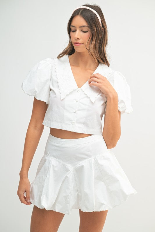 MABLE Puff Sleeve Button Down Top and Bubble Skirt Set