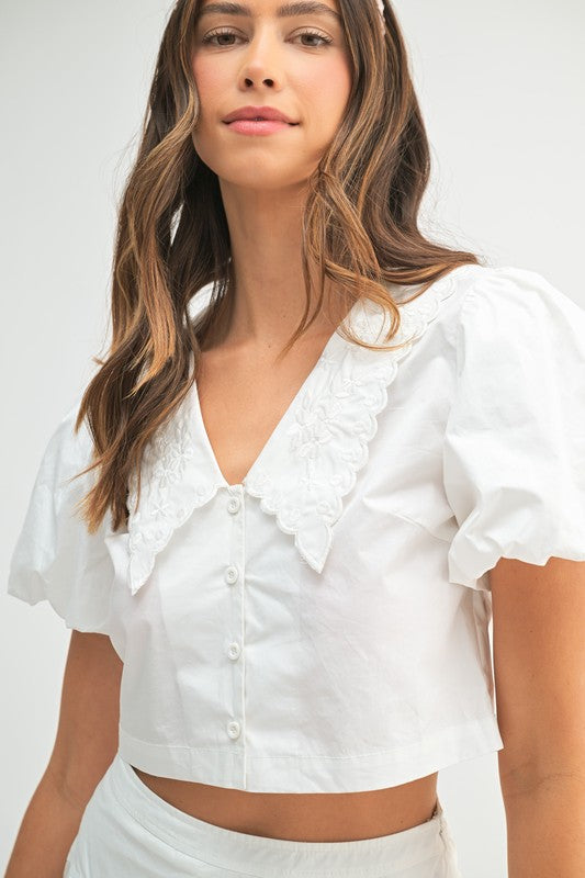 MABLE Puff Sleeve Button Down Top and Bubble Skirt Set