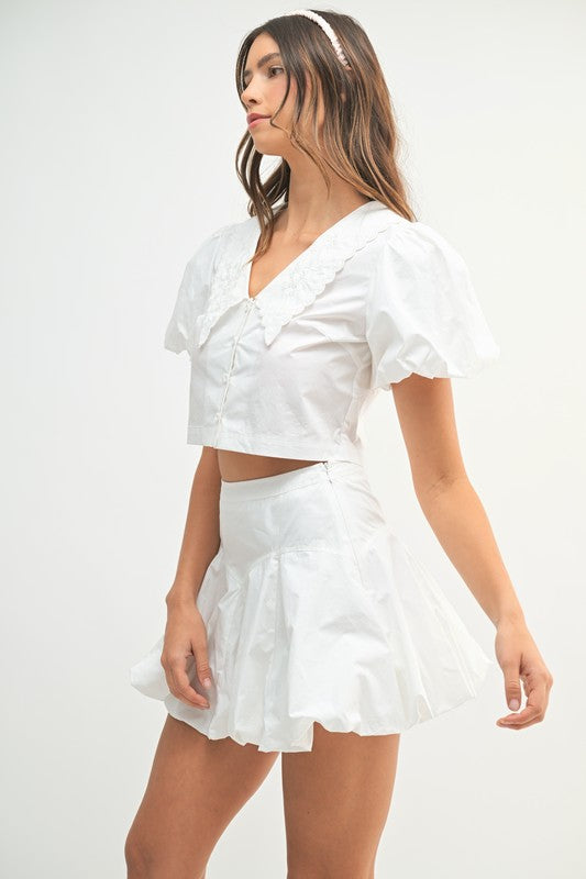 MABLE Puff Sleeve Button Down Top and Bubble Skirt Set