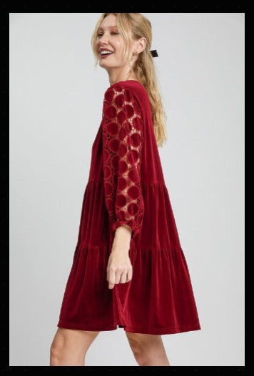 Dotted Lace Sleeve Tiered Velvet Mini Dress