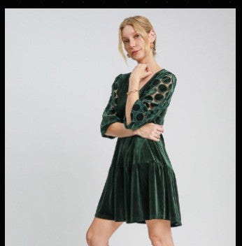 Dotted Lace Sleeve Tiered Velvet Mini Dress