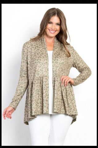 Full Size Peplum Leopard Open Front Long Sleeve Cardigan