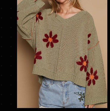 V-Neck Floral Pattern Chenille Sweater