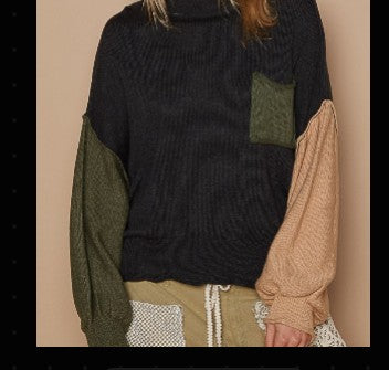 Color Block Roll Hem Hacci Sweater