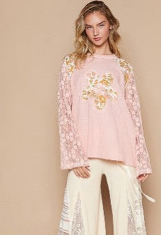 Flower Patch Lace Sleeve Knit Top