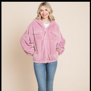 Faux Fur Zip Up Hooded Jacket with Side Pockets