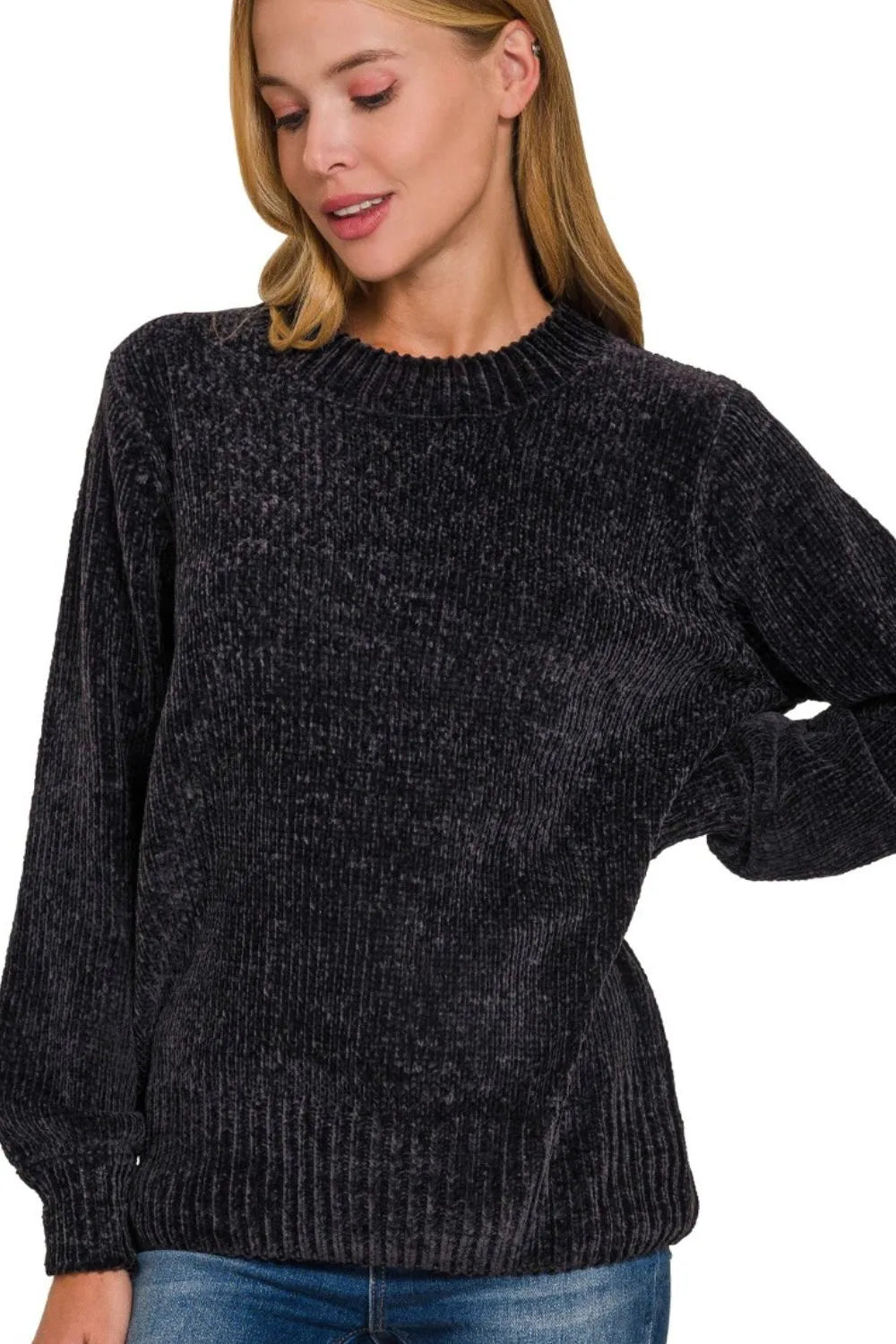 Round Neck Balloon Sleeve Chenille Sweater