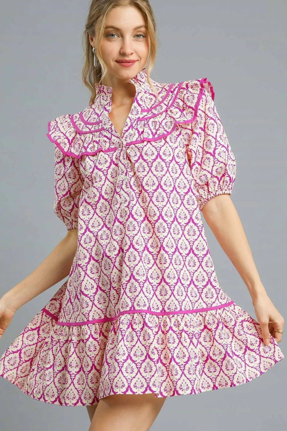 Ruffled Printed Puff Sleeve Mini Dress